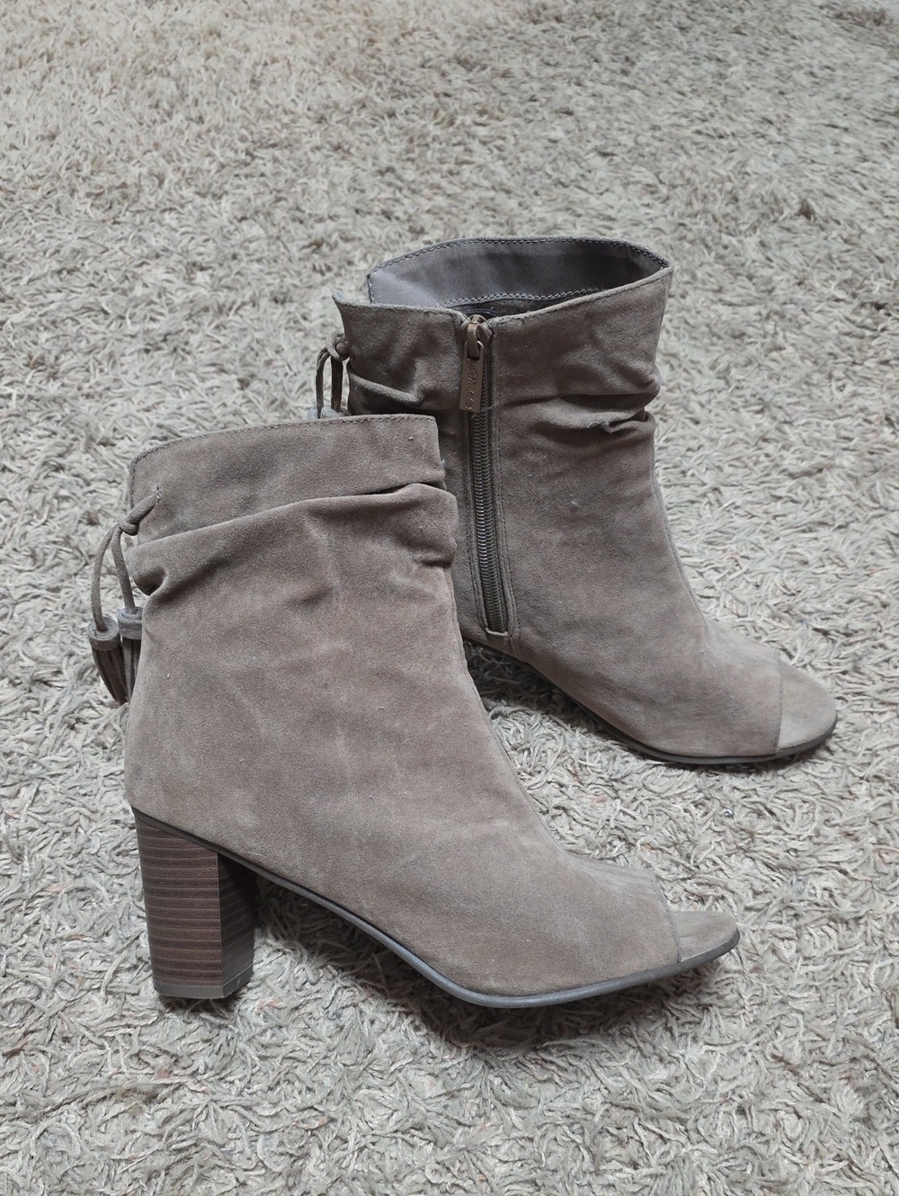 Women's Taupe Suede Open-Toe Block Heel Ankle Boots
